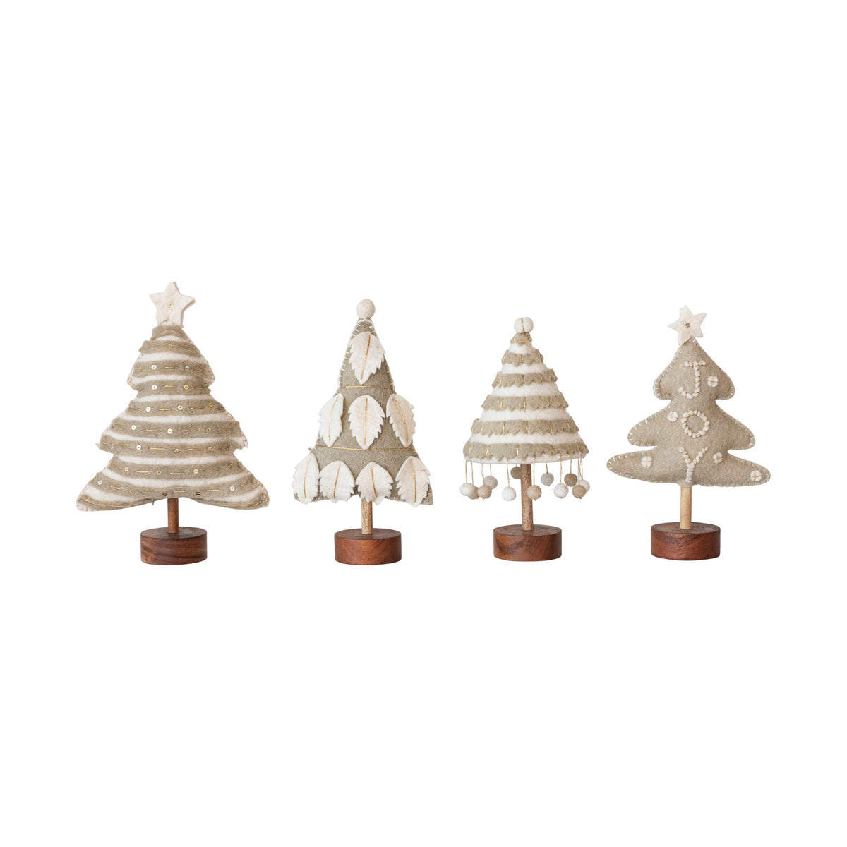 Wool Felt Christmas Tree w/ Applique, Pom Poms/Star & Wood Base, 4 Styles