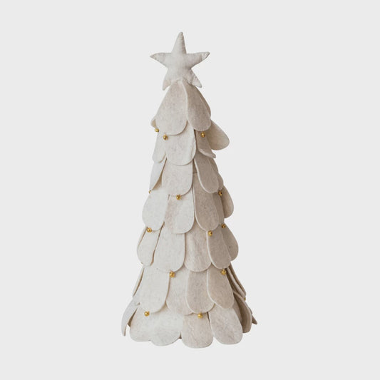 6" Round x 18"H Handmade Wool Felt Christmas Tree w/ Star & Gold Jingle Bells, Cream Color