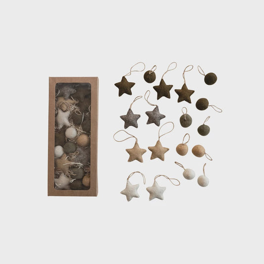 Handmade Wool Felt Ball/ Star Ornaments - Cream, Grays, Browns