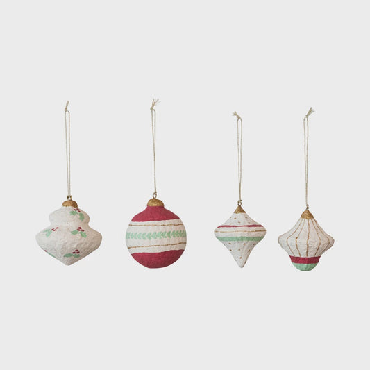 Handmade Paper Mache Ornament w/ Metallic Gold Details, 4 Styles