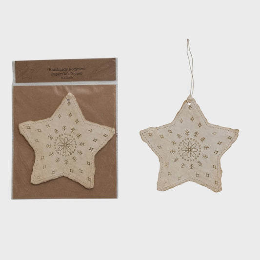 6-1/2"Lx6-1/2"H Recycled Paper Star Ornament, Cream & Gold