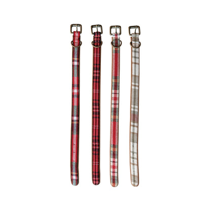 Cotton & Leather Dog Collar w/ Metal Buckle, Multi Color Plaid, 4 Styles, Large