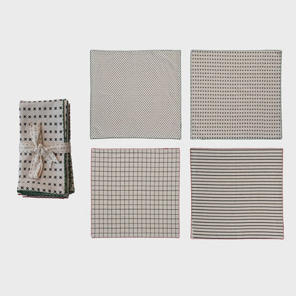 Cotton Printed Napkins w/ Pattern & Stitched Edge, 4 Styles