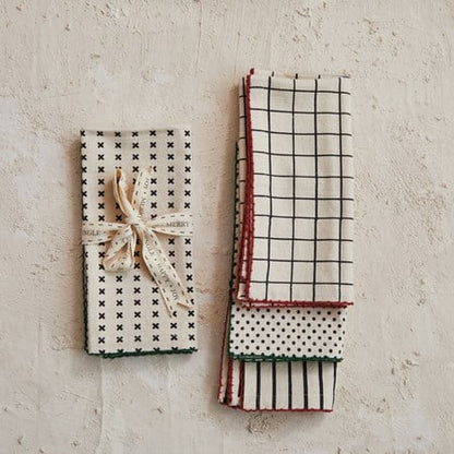 Cotton Printed Napkins w/ Pattern & Stitched Edge, 4 Styles