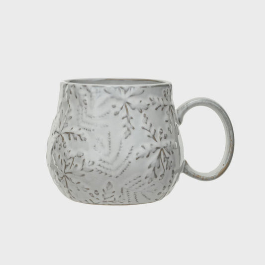 Embossed Stoneware Mug w/ Snowflakes, Reactive Glaze