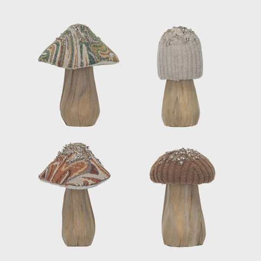 Fabric Topped Foam Mushrooms w/ Wood Base, Sequins & Glitter