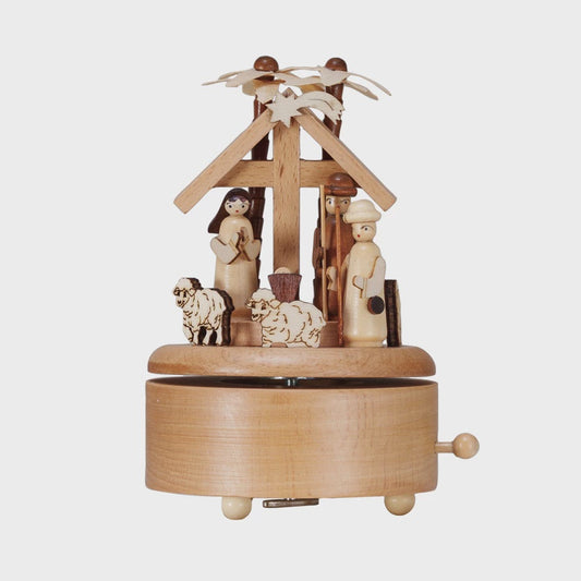 Wood Wind-Up Nativity Music Box, Plays "Oh Christmas Tree"