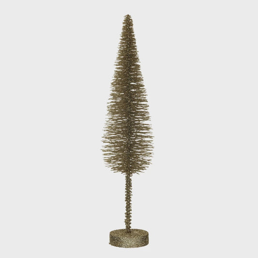 Plastic Bottle Brush Tree w/ Glitter & Wood Base, Gold Finish