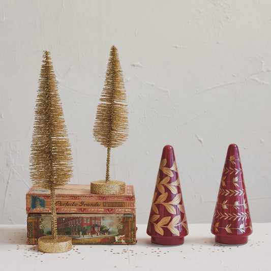 Plastic Bottle Brush Tree w/ Glitter, Wood Base, Gold Finish