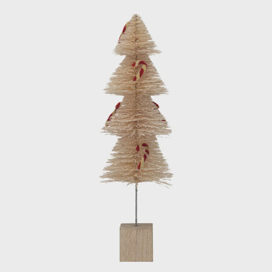 Sisal Bottle Brush Tree w/ Chenille Candy Cane & Wood Base