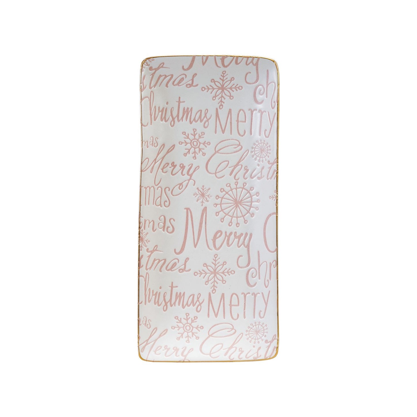 Stoneware Tray with Gold Color Rim "Merry Christmas", Pink & White