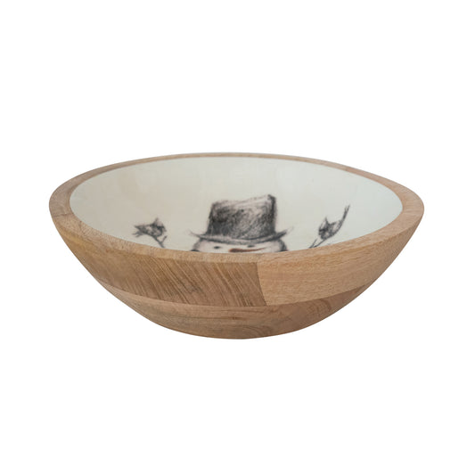 Enameled Mango Wood Bowl with Snowman & Bird Image ©