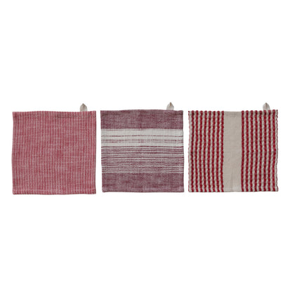 Cotton Waffle Dish Cloths with Stripes, Set of 3 Tied with Jute