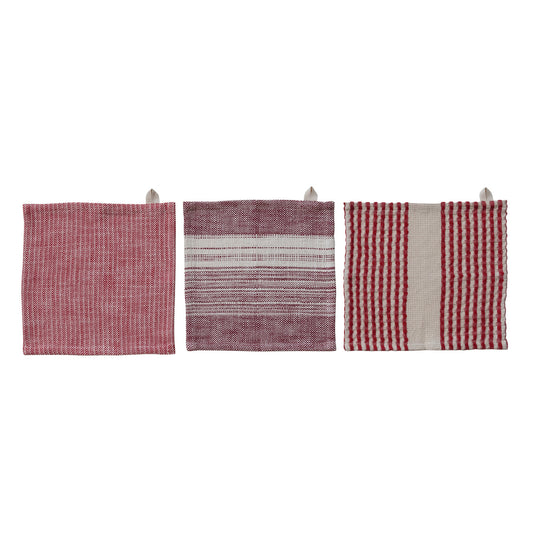 Cotton Waffle Dish Cloths with Stripes, Set of 3 Tied with Jute