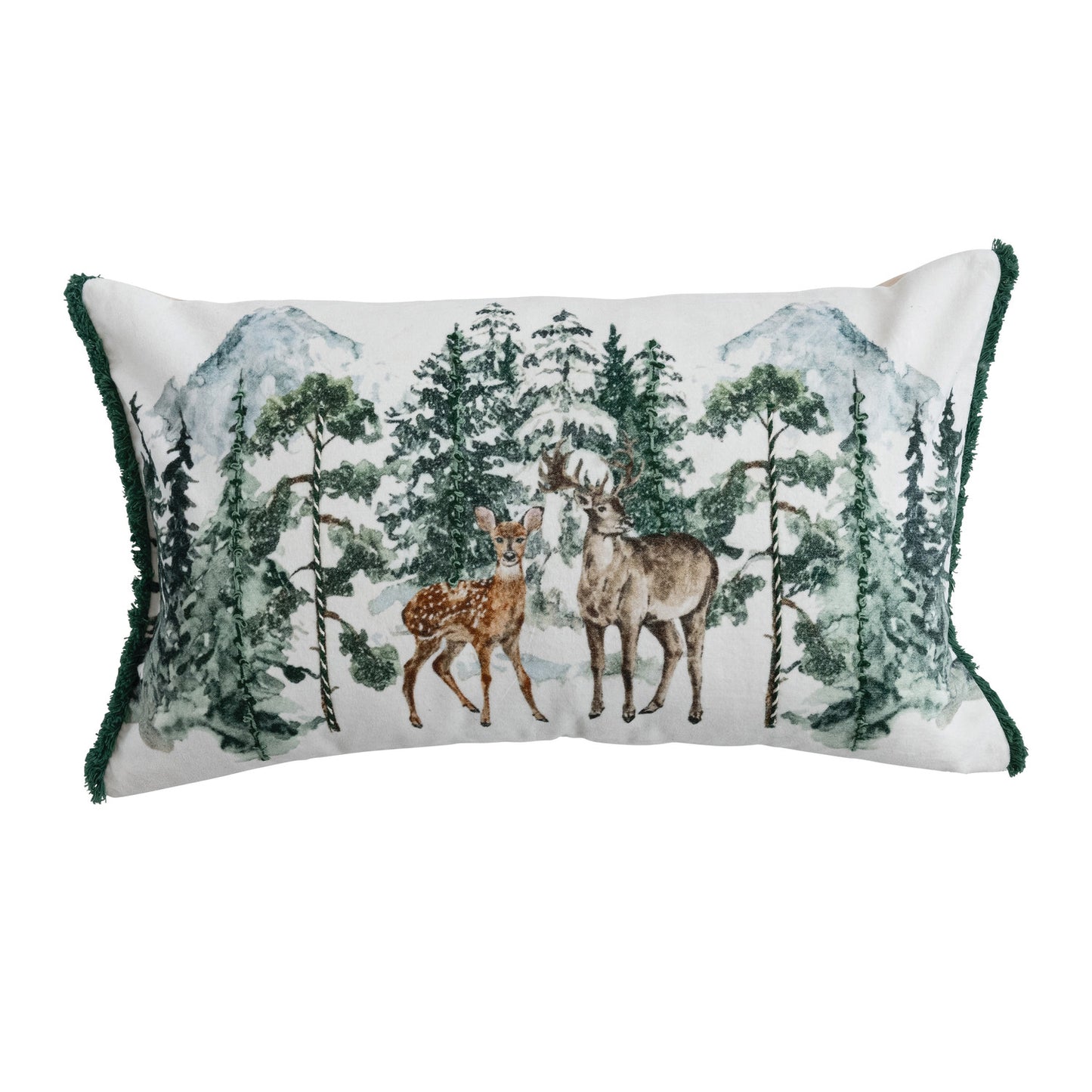 Velvet Lumbar Pillow with Woodland Deer Scene, Embroidery & Fringe