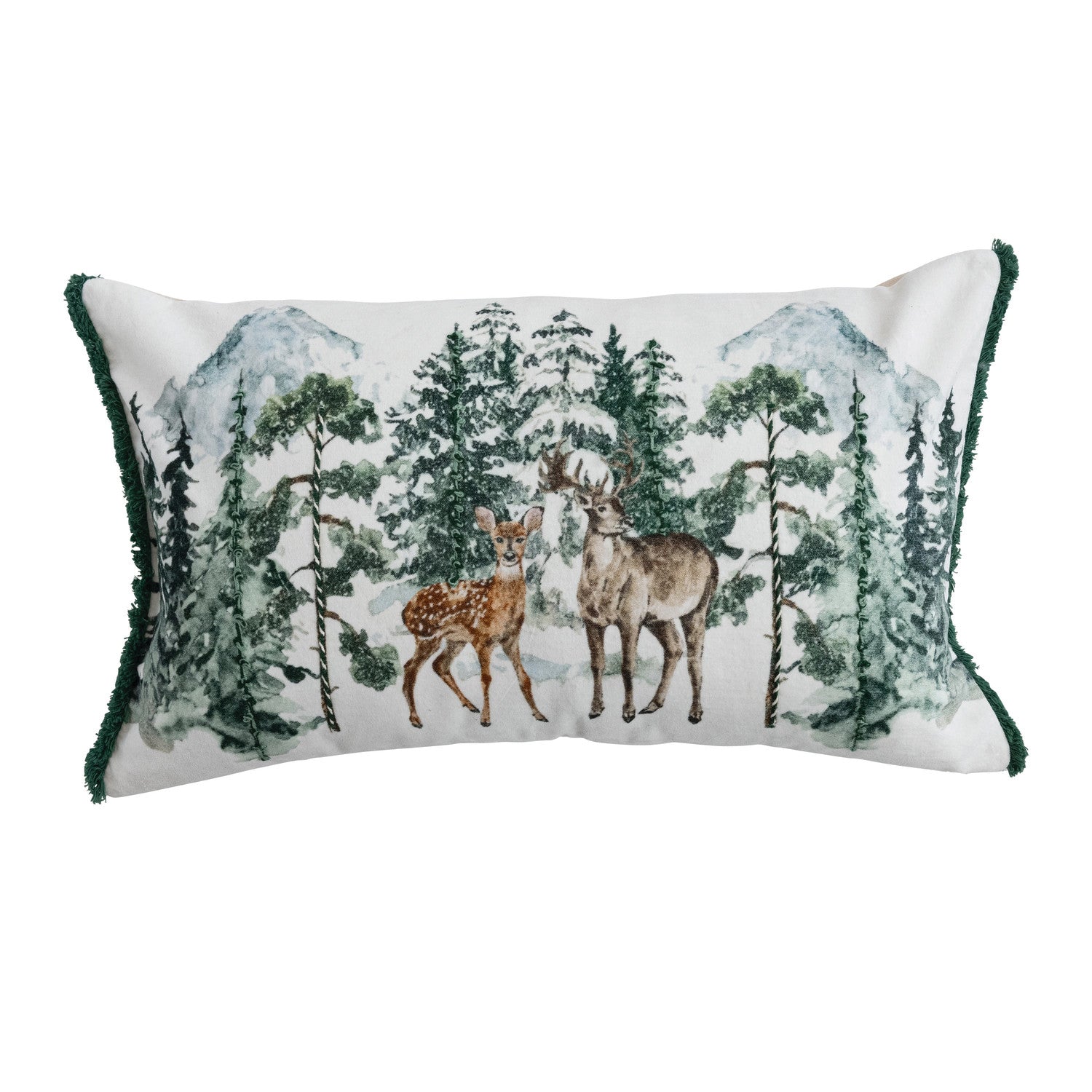 Velvet Lumbar Pillow with Woodland Deer Scene, Embroidery & Fringe