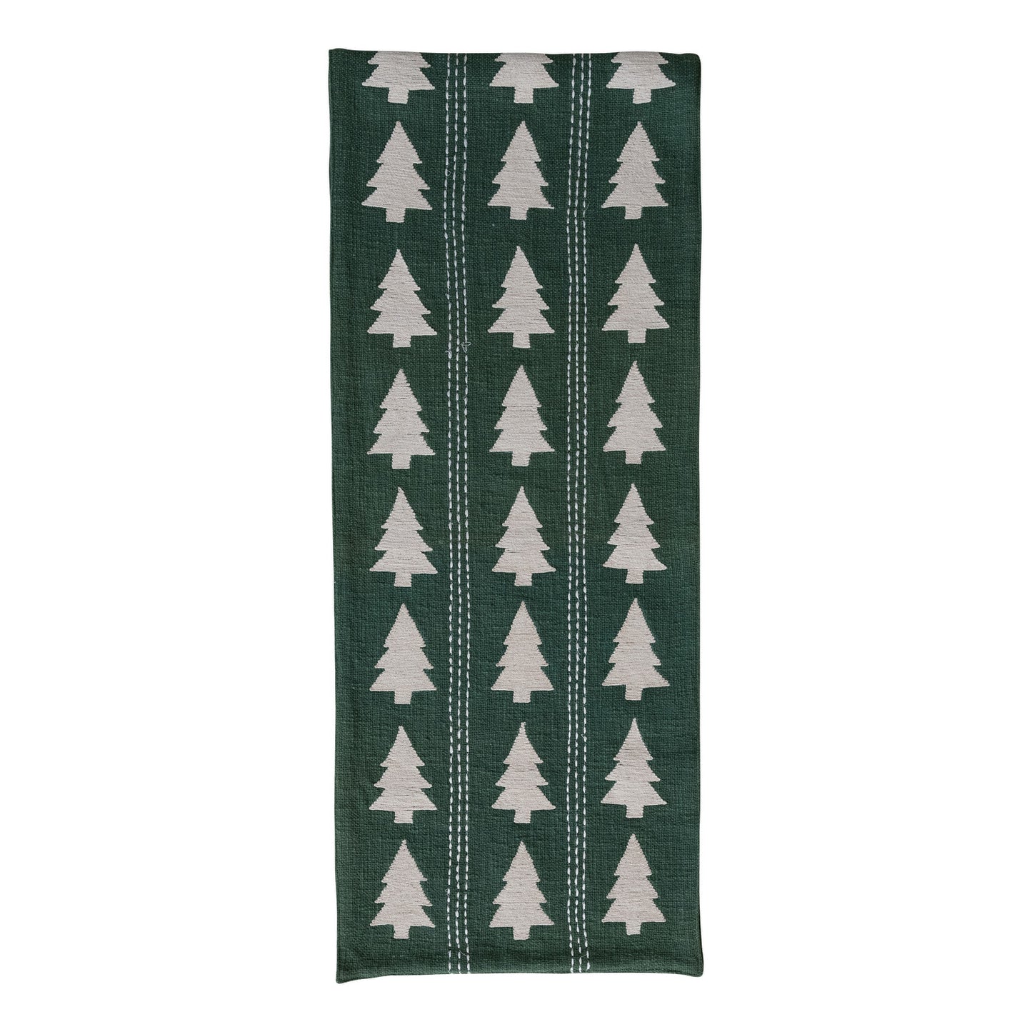 Table Runner with Trees Pattern, Embroidery & Stitching, Green & Natural