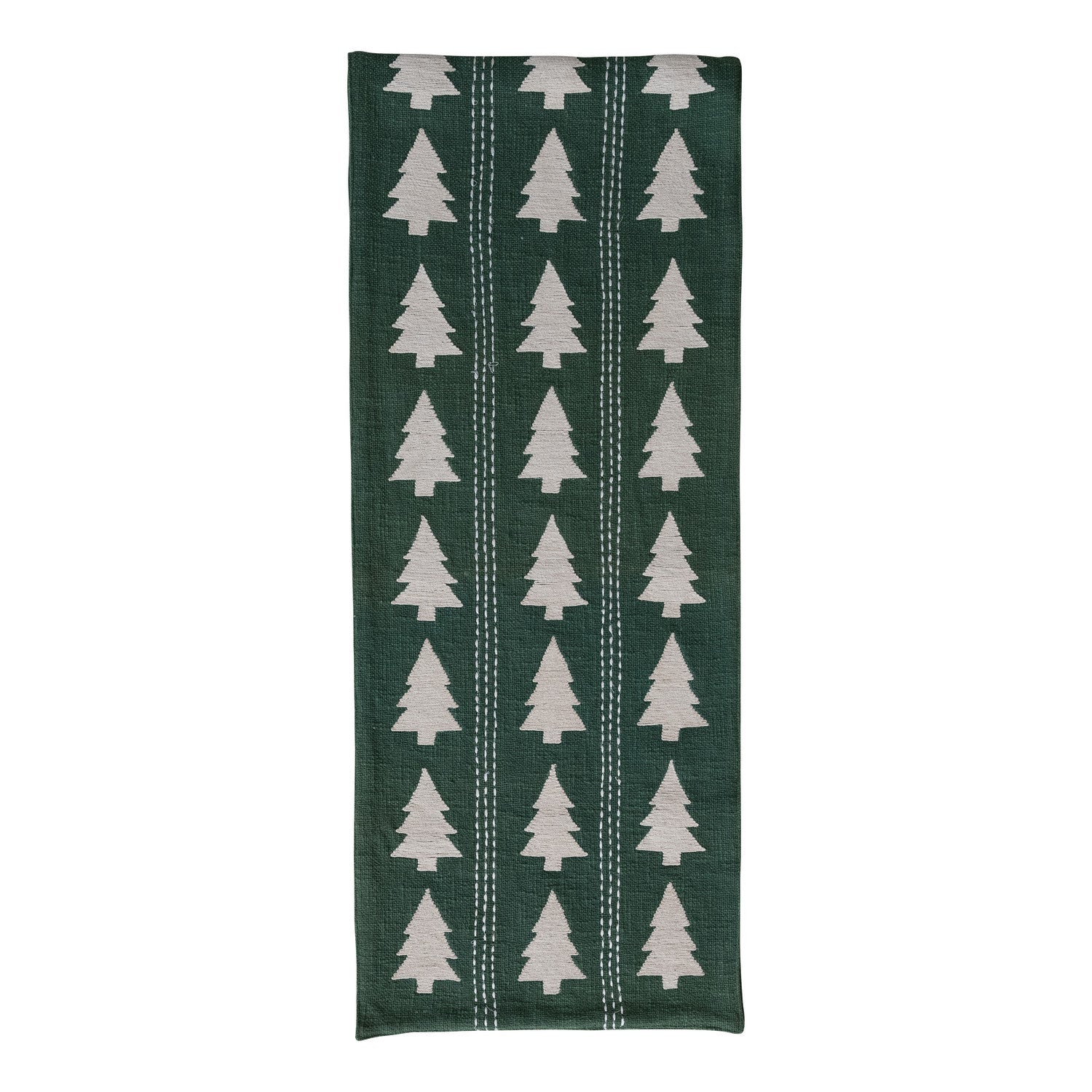 Table Runner with Trees Pattern, Embroidery & Stitching, Green & Natural