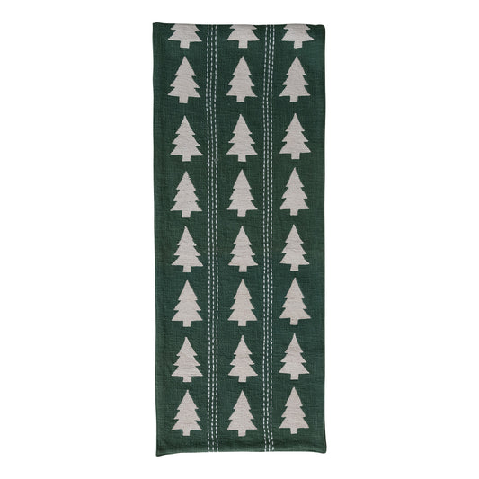 Table Runner with Trees Pattern, Embroidery & Stitching, Green & Natural