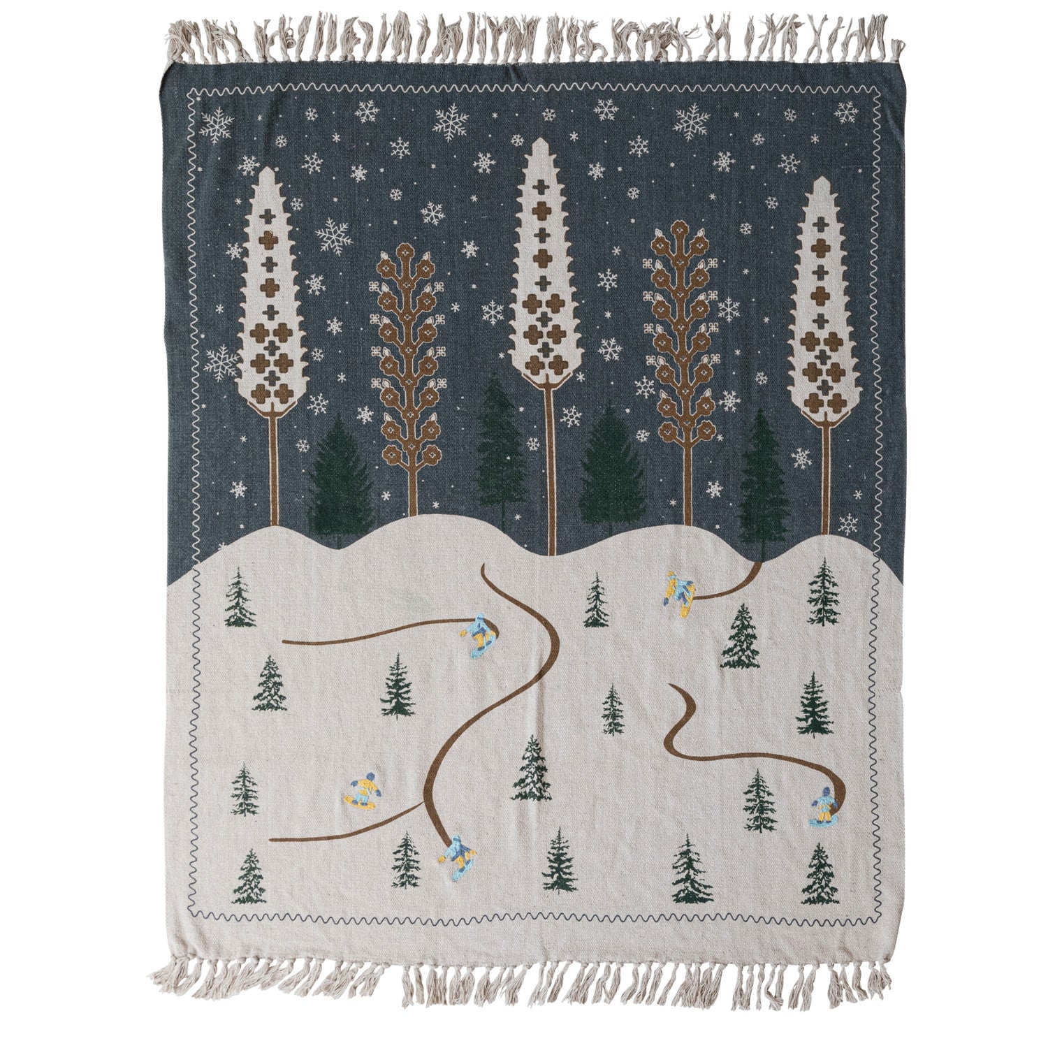 Woven Recycled Blend Throw with Woodland Scene, Embroidery & Fringe