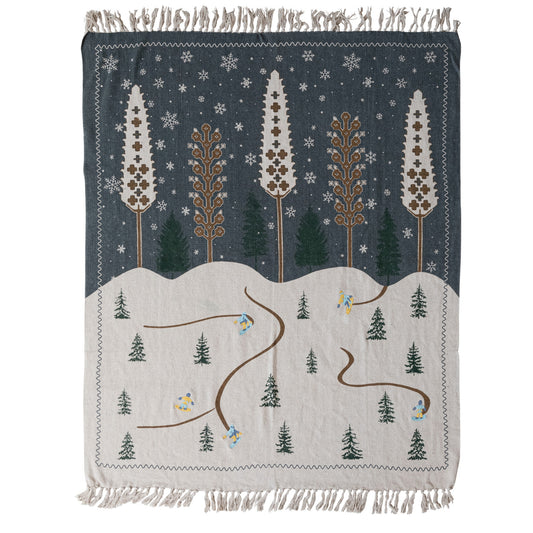 Woven Recycled Blend Throw with Woodland Scene, Embroidery & Fringe