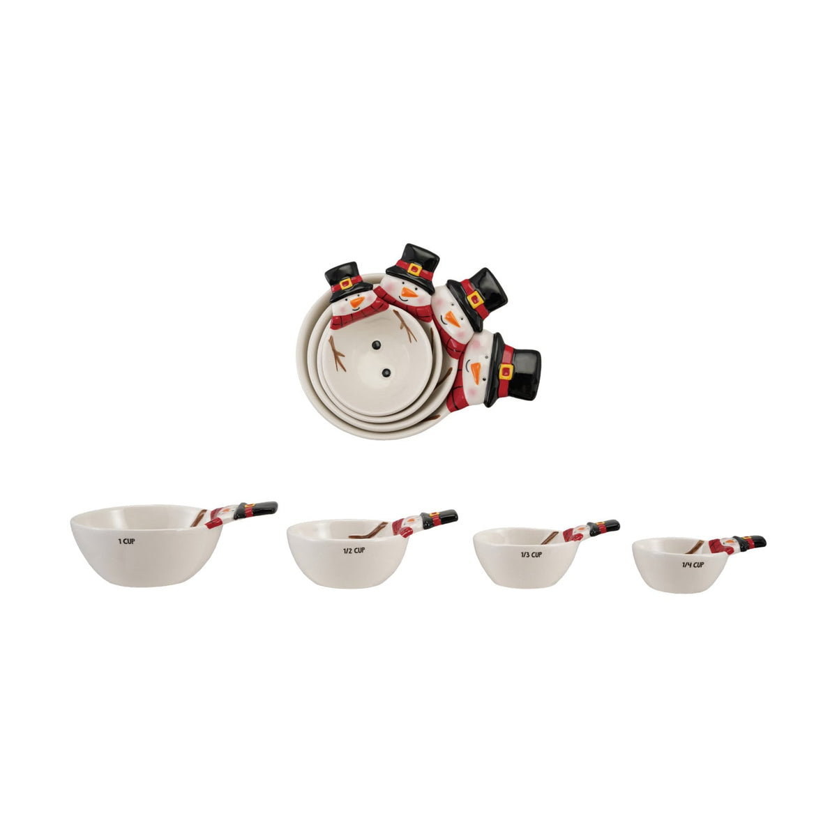 1, 1/2, 1/3 & 1/4 Cup Ceramic Snowman Shaped Measuring Cups, Set of 4