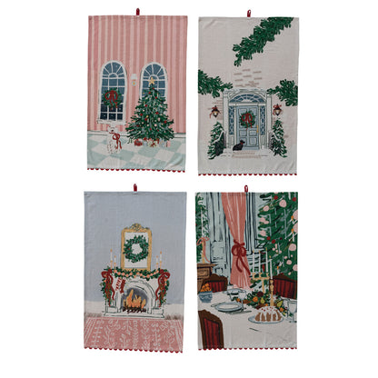 Cotton Printed Tea Towel with Holiday Scene & Ric Rac Trim, 4 Styles ©