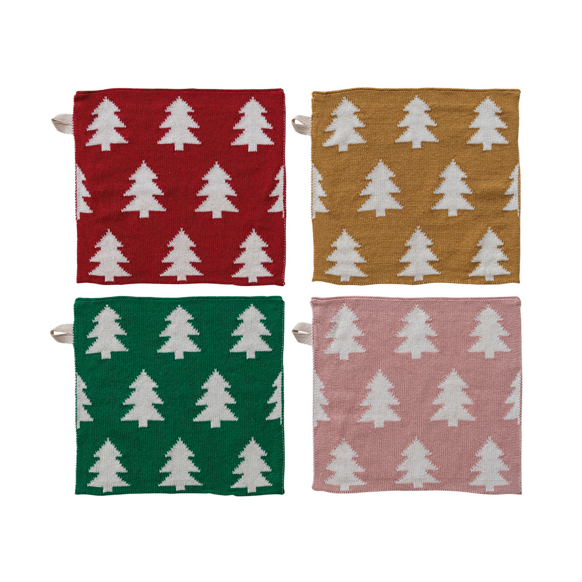 Cotton Knit Dish Cloth with Tree Pattern, 4 Colors