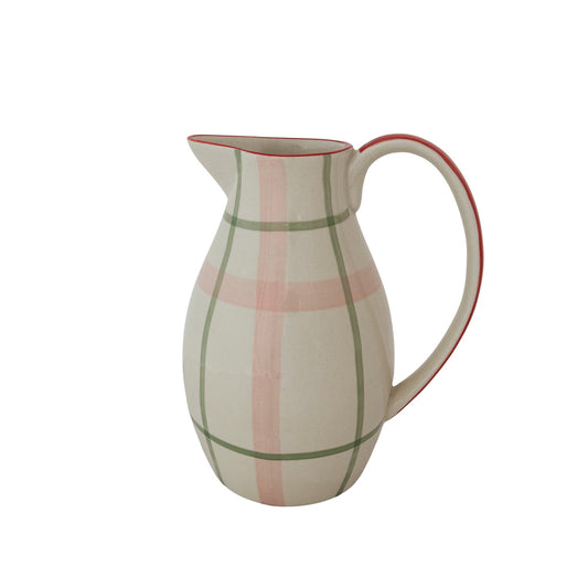 2-1/2 Quart Hand-Painted Stoneware Pitcher with Plaid Pattern (Each One Will Vary)